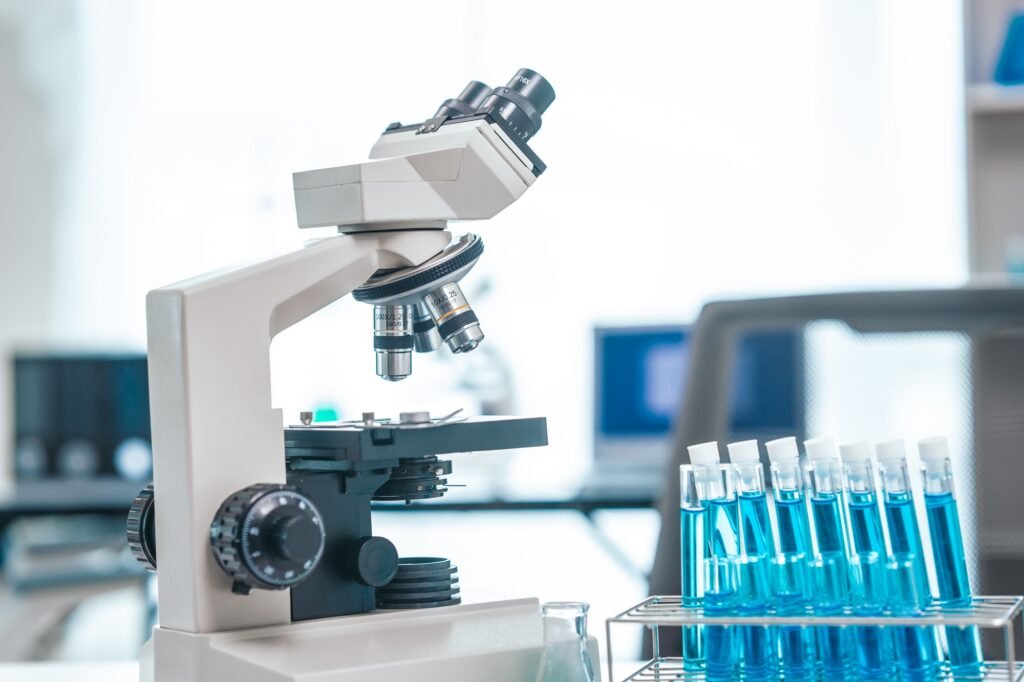 Medical Research Lab Interior with Microscope, close up shot modern medical research laboratory