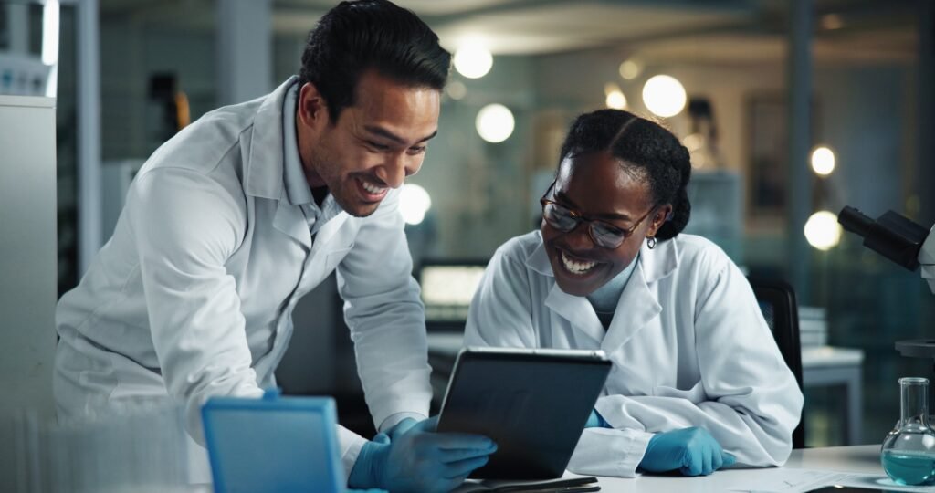 People, scientist and tablet with research, laboratory and digital study for healthcare science. Ha