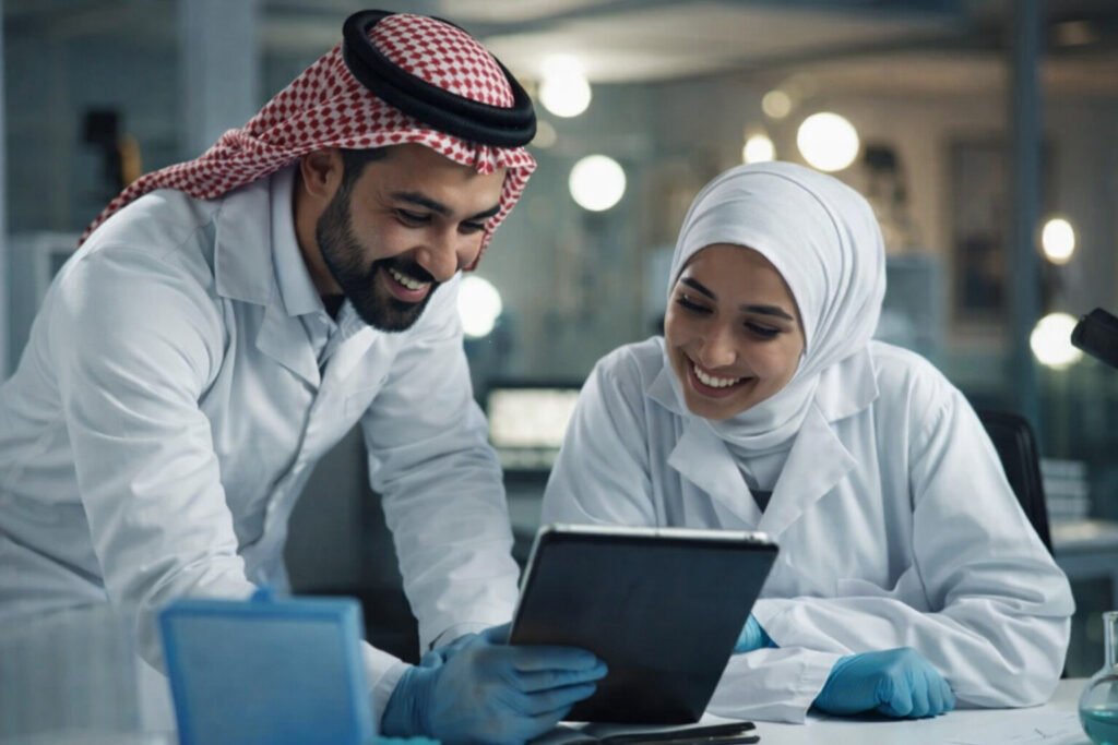 Arab man and woman looking at laptop